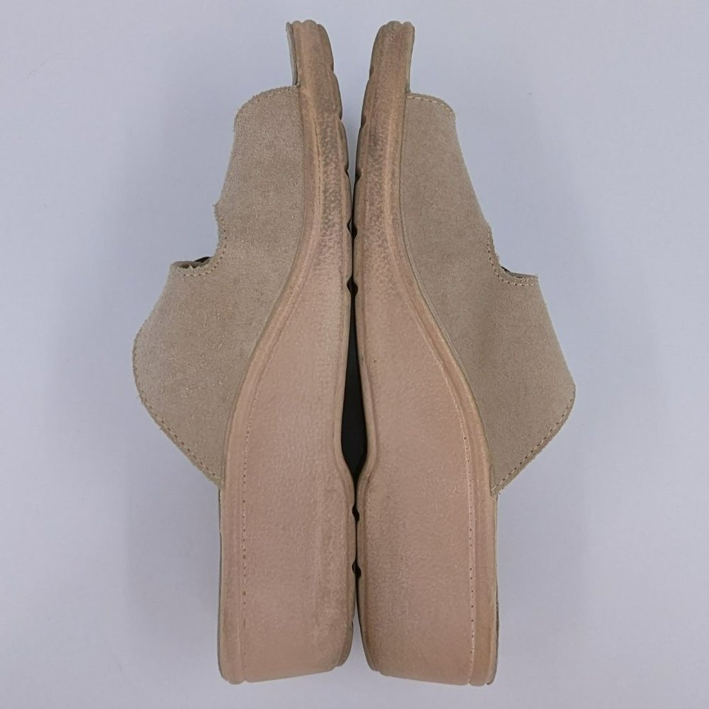 Fly Flot Slides 37 5.5 Tan Leather Two Strap Buckle Open Toe Italy Made Comfort - Picture 10 of 14